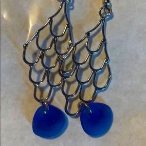 Mermaid scale earrings with dark blue sea glass